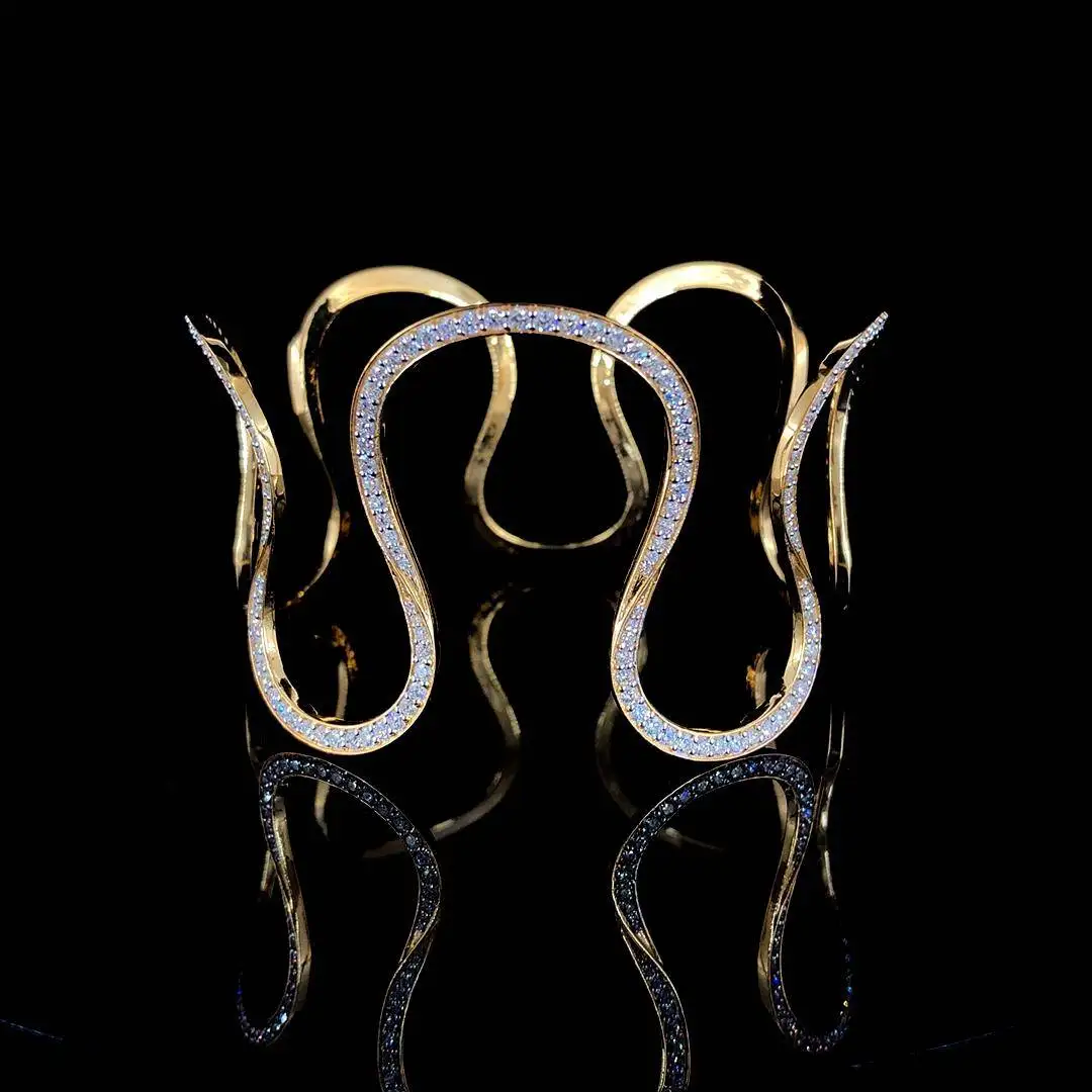 Luxury Gold and Diamond Wave-Design Cuff Bracelet